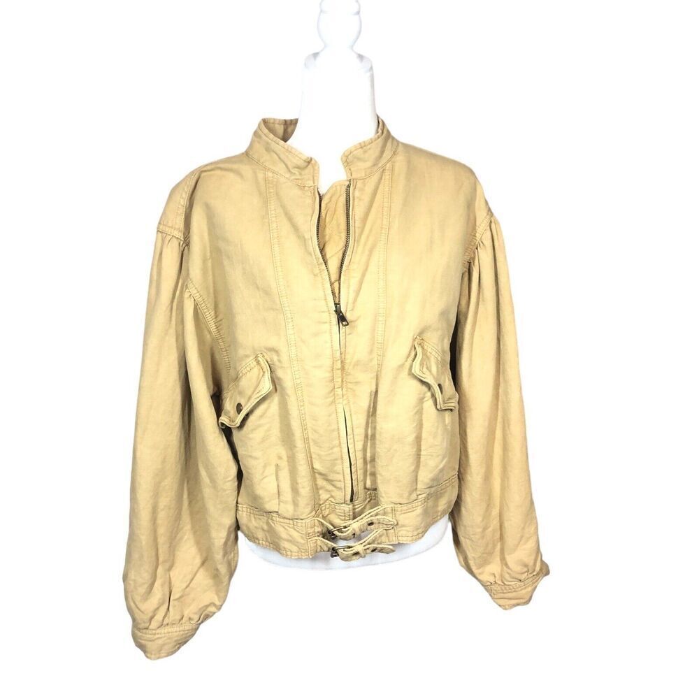 Free People Jacket Womens‎ Size M Tan Fawn Poet Puff Sleeve Utility Bomber Coat - Picture 6 of 14